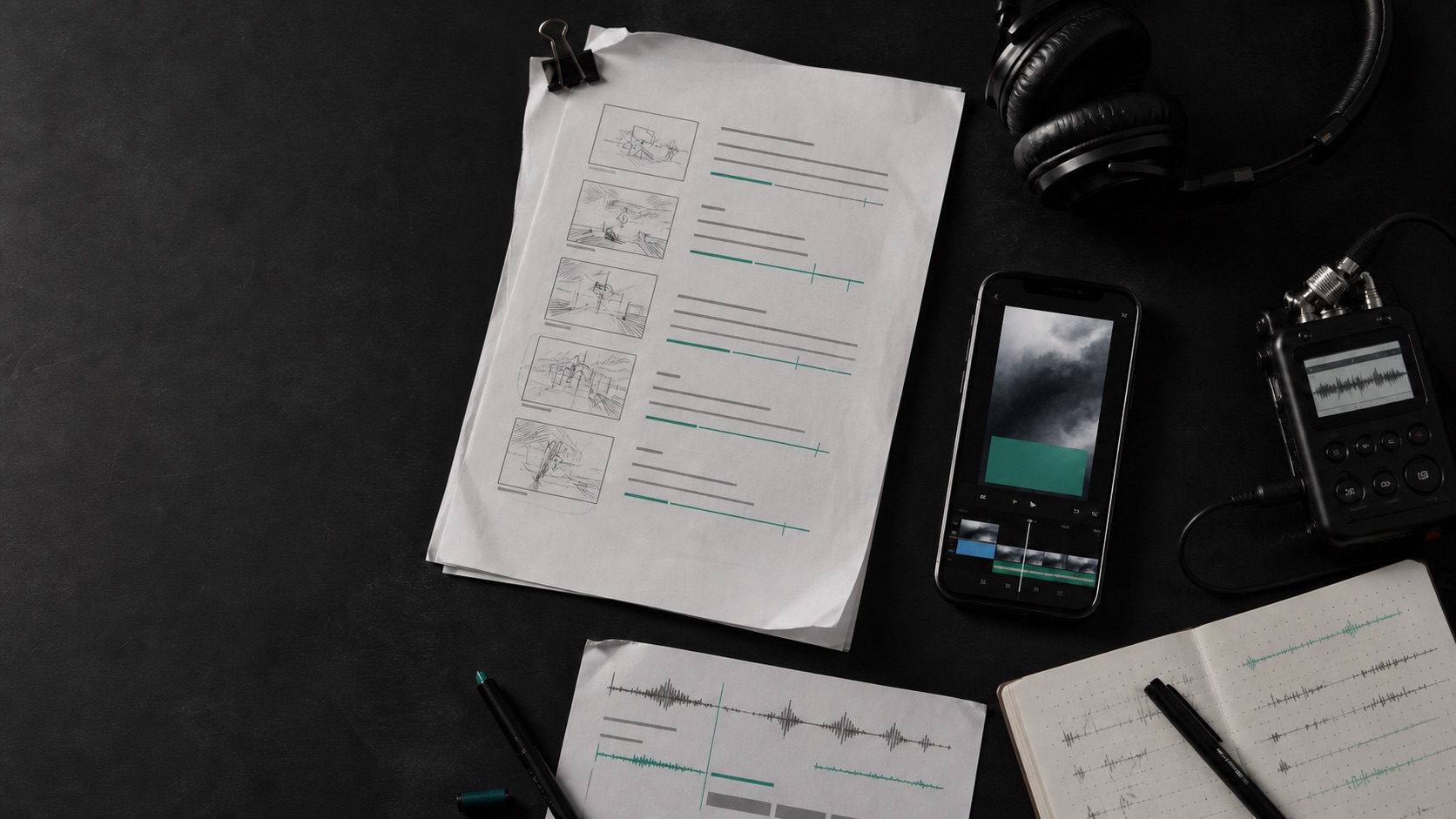 A creator production desk with a script, headphones, audio recorder, waveform notes, and a vertical video edit